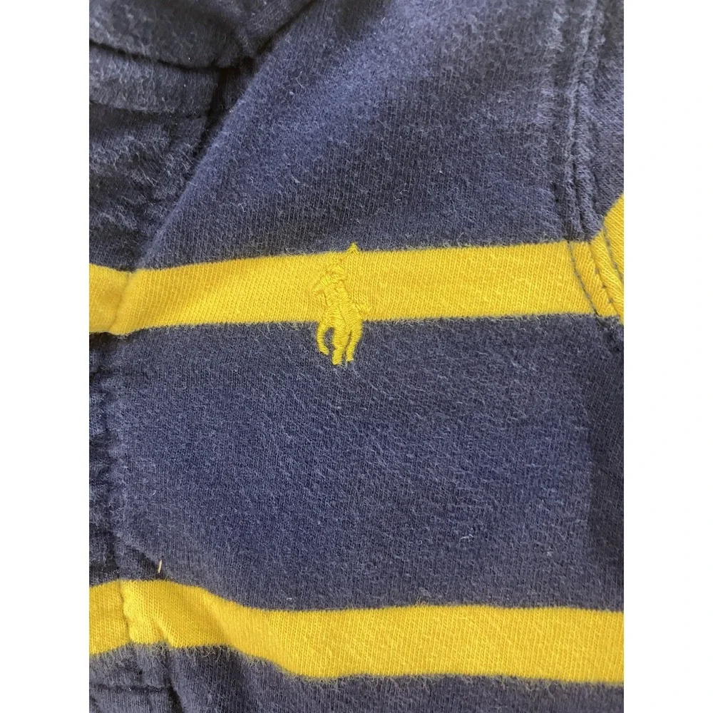 Ralph Lauren Baby Romper One-Piece Hooded Rugby Navy Yellow Stripe Size 6 Months